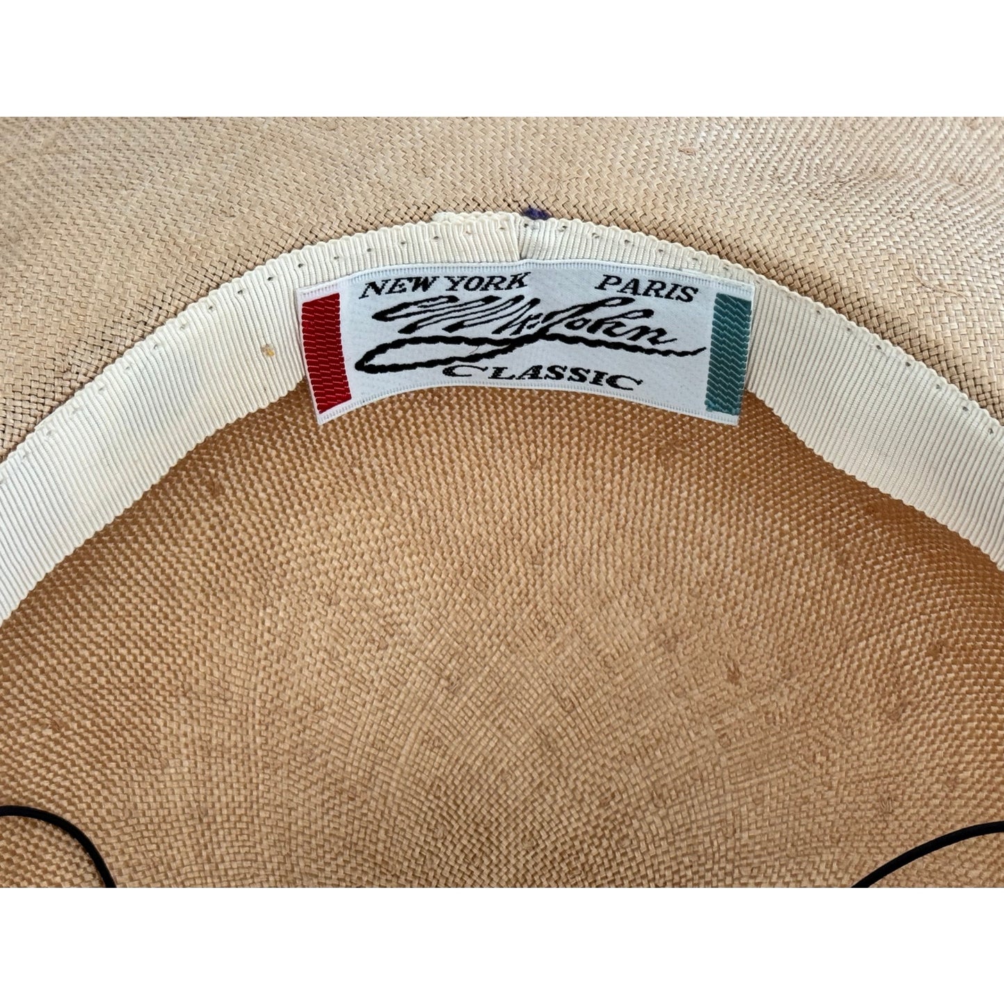 NOS Vintage Mr. John Classic New York Paris Wide Brim Straw Hat Feather Accent