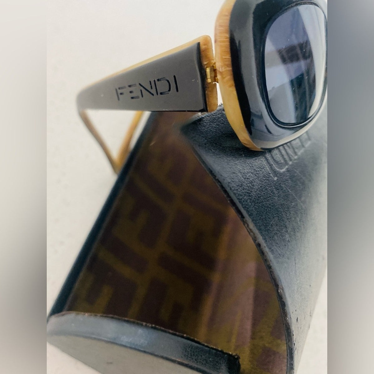 Vintage Fendi Sunglasses “Black Horn” & Fendi Twist Zucca Hard Case