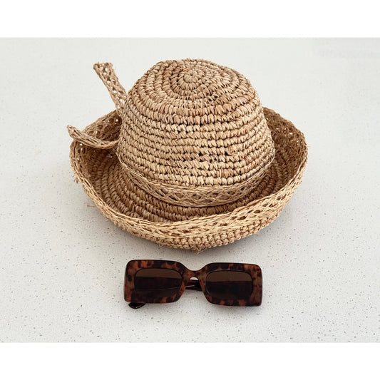 Gigi Burris Straw Cloche Hat Openwork Lattice | Made in USA | Includes Sunglasses