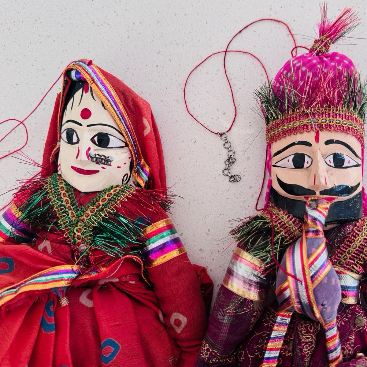 Vintage Indian Rajasthani Puppet Pair Handcrafted String Marionette 16”