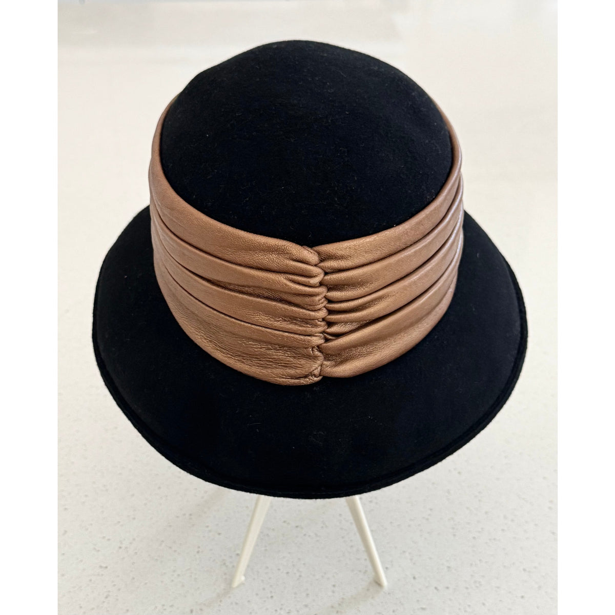 Whittall & Shon Black Wool Felt Cloche w/ Pleated Leather Caramel Color Band