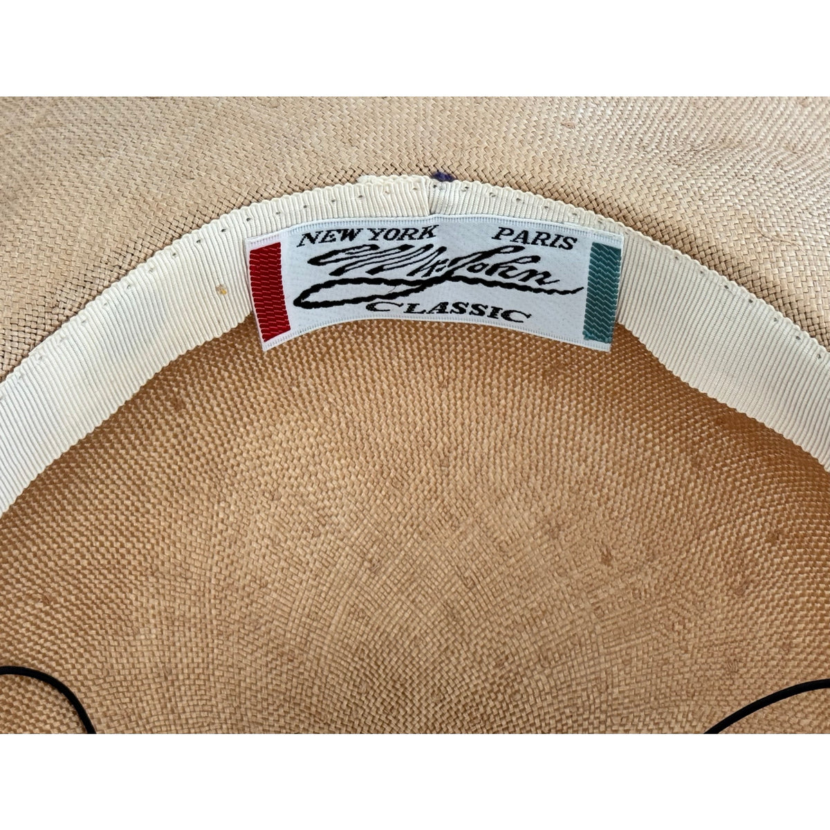 NOS Vintage Mr. John Classic New York Paris Wide Brim Straw Hat Feather Accent