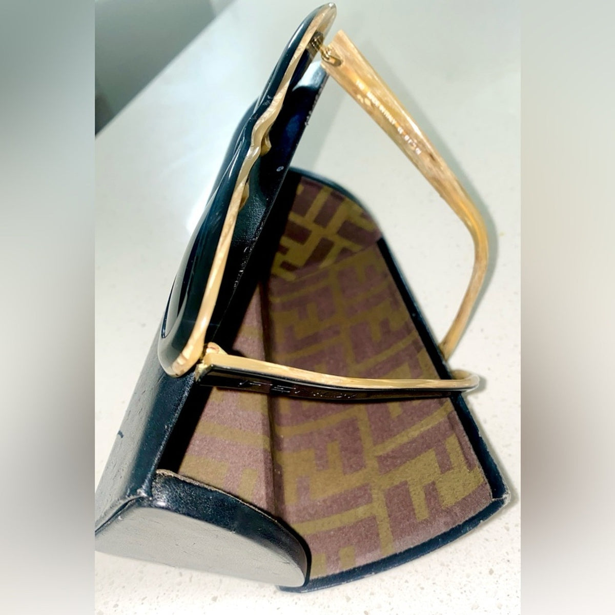 Vintage Fendi Sunglasses “Black Horn” & Fendi Twist Zucca Hard Case