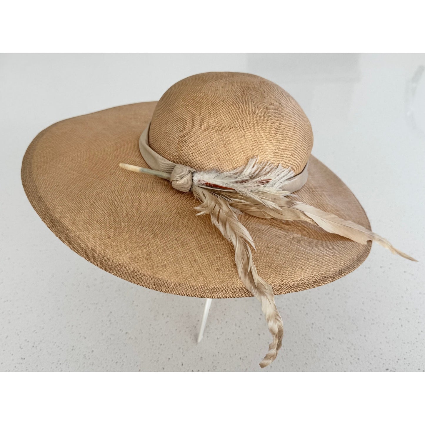 NOS Vintage Mr. John Classic New York Paris Wide Brim Straw Hat Feather Accent