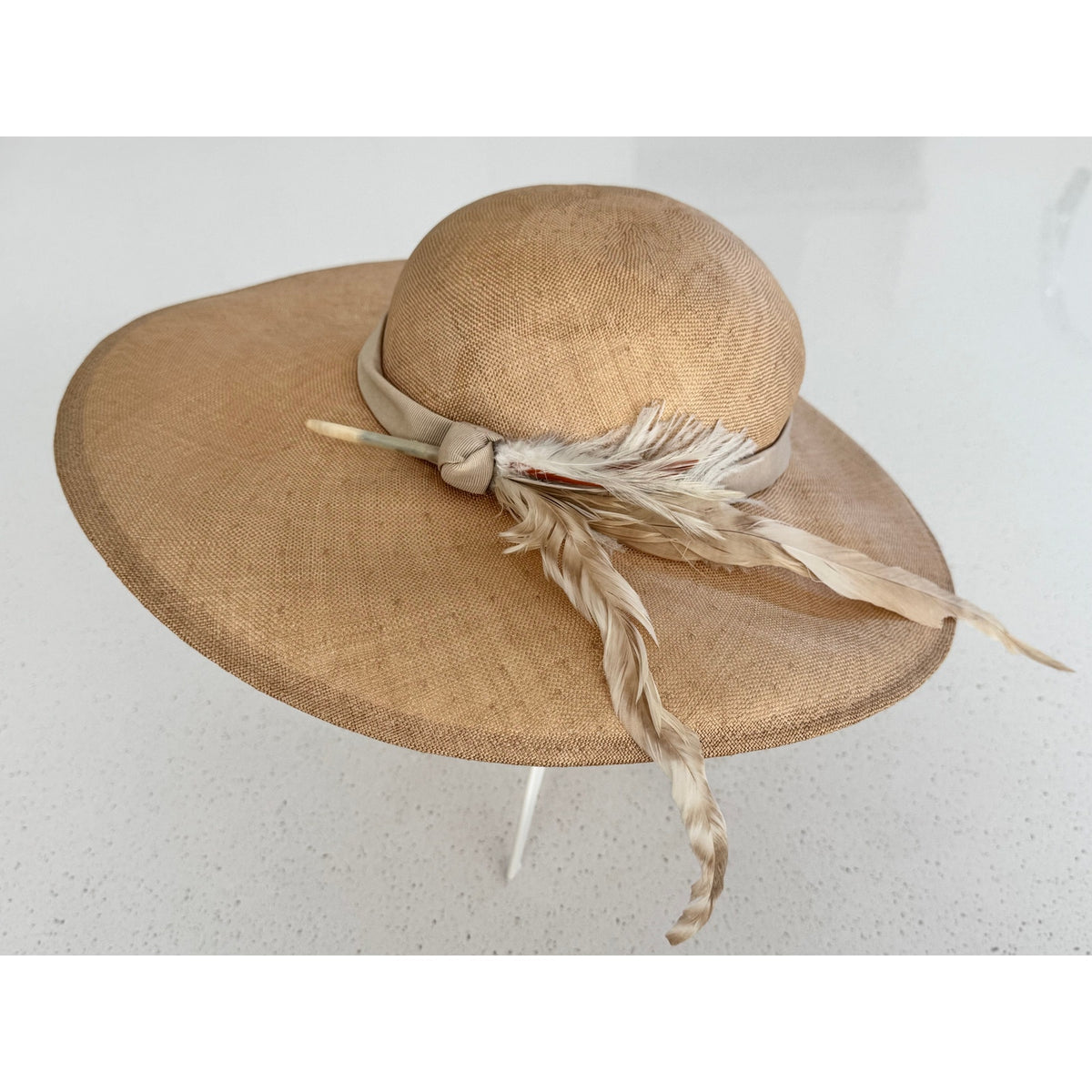 NOS Vintage Mr. John Classic New York Paris Wide Brim Straw Hat Feather Accent
