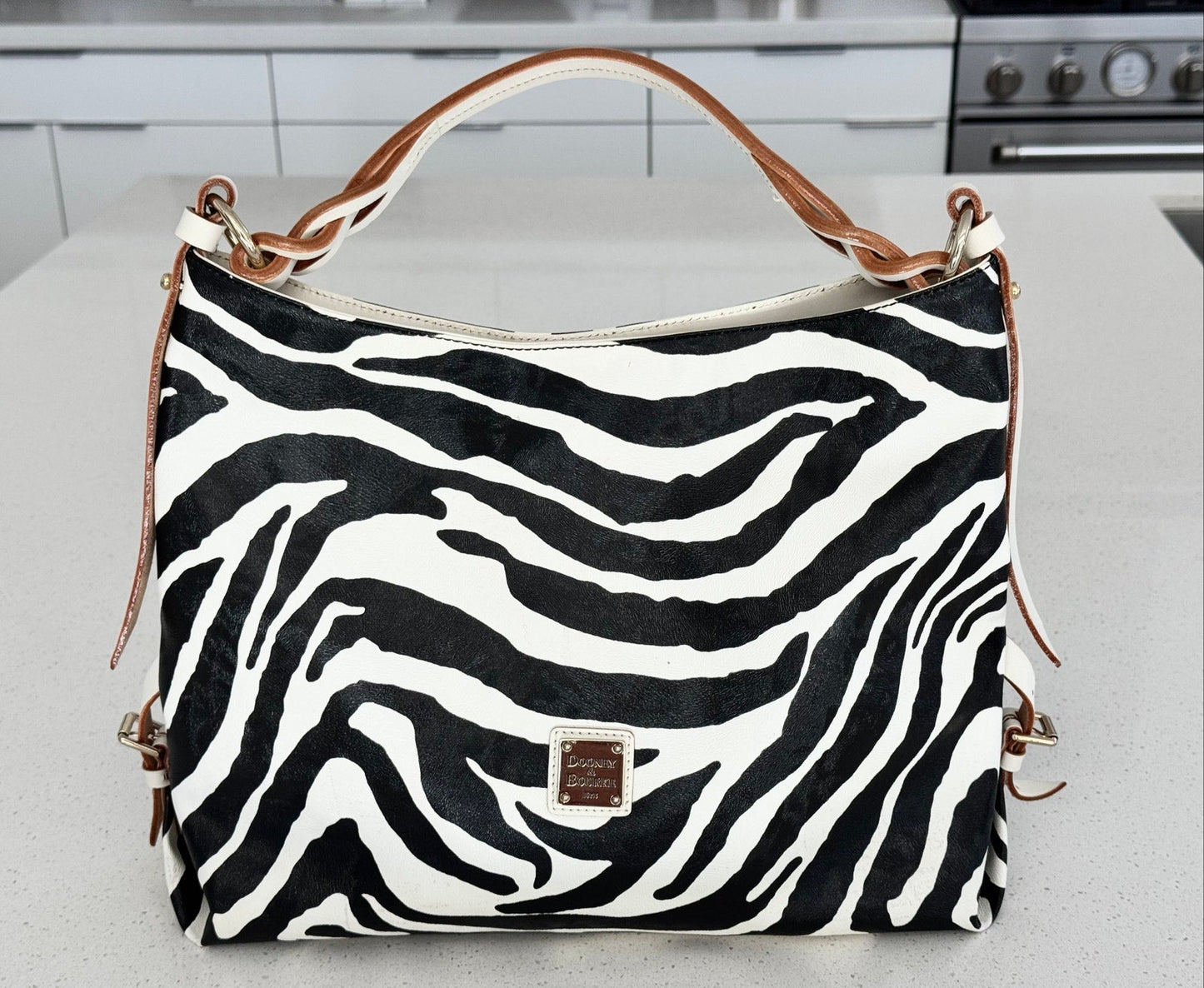 Dooney & Bourke Zebra Print Hobo Bag Braided Handle Leather Trim Headstock NOS