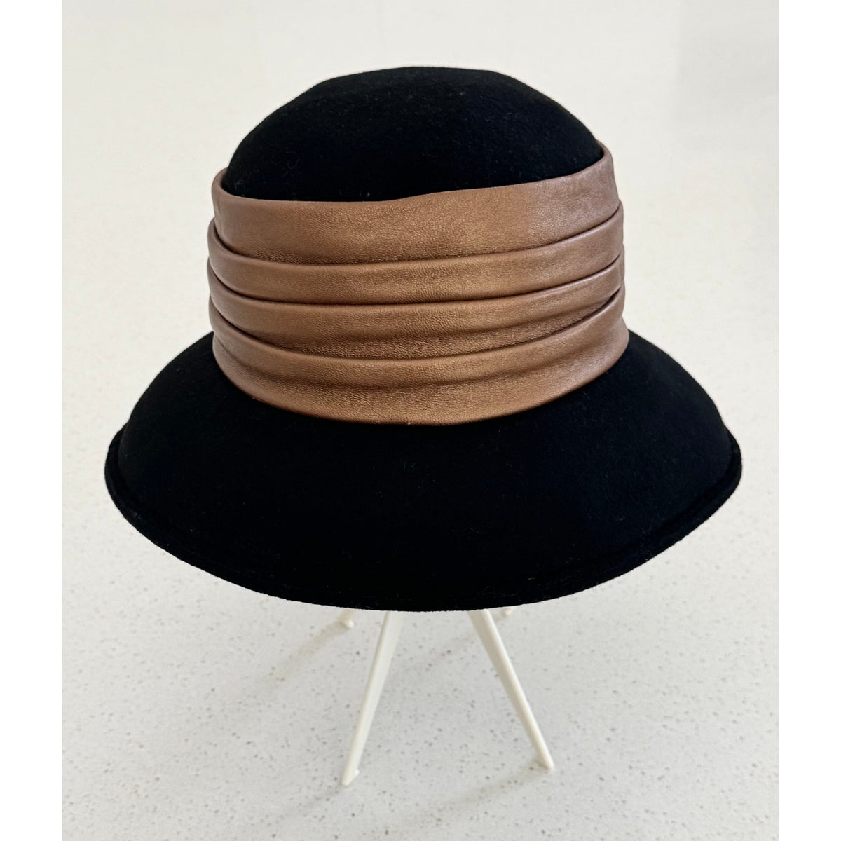 Whittall & Shon Black Wool Felt Cloche w/ Pleated Leather Caramel Color Band