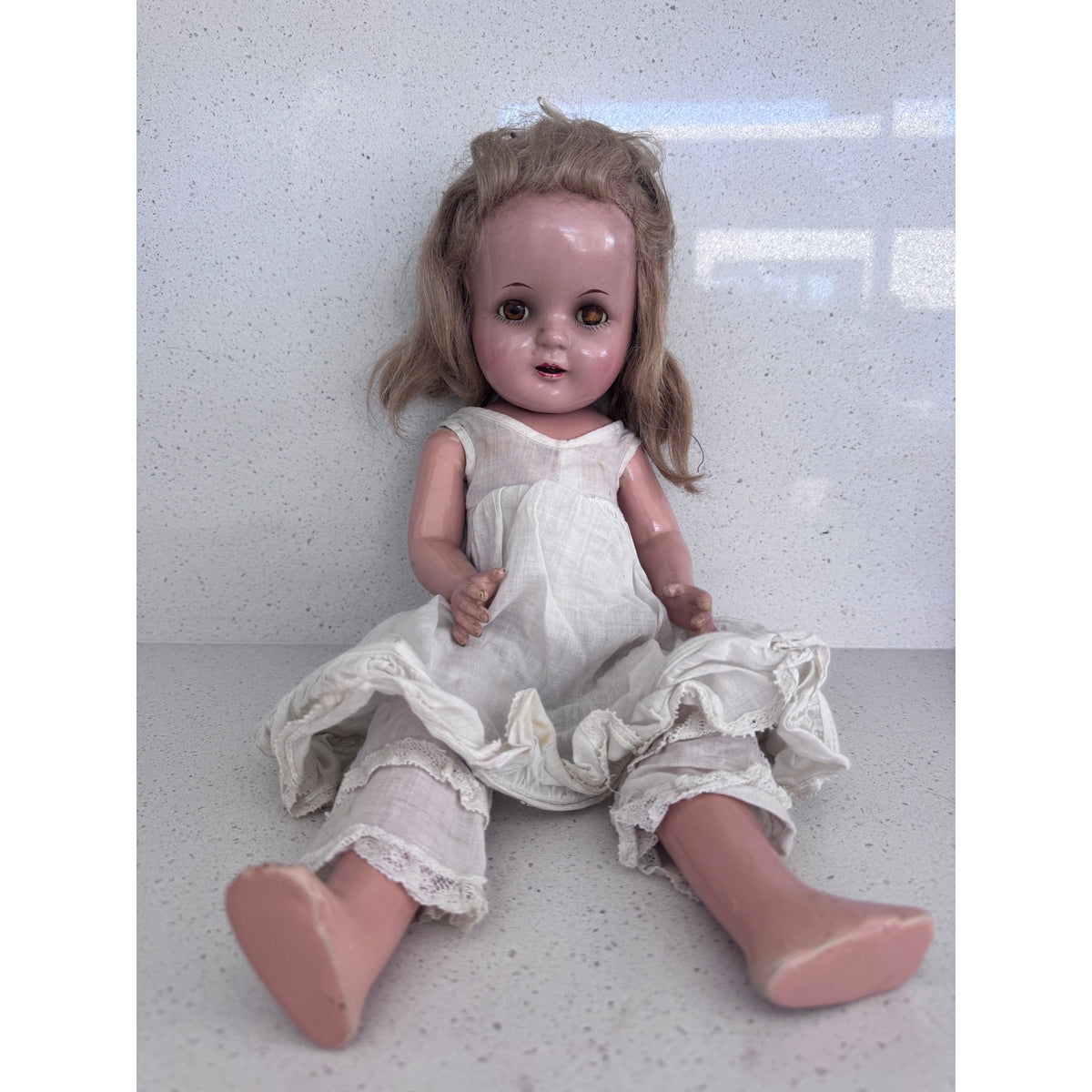 Rare 1950s German Hard Plastic Doll 18" Original Taffeta Gown & Lace Bloomers
