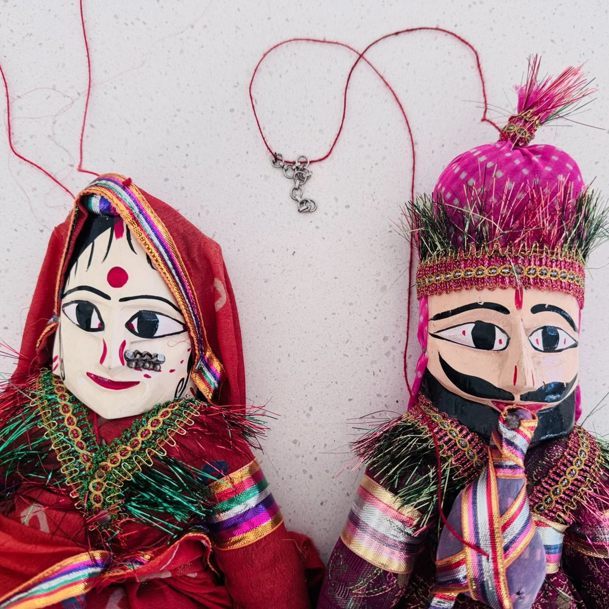 Vintage Indian Rajasthani Puppet Pair Handcrafted String Marionette 16”