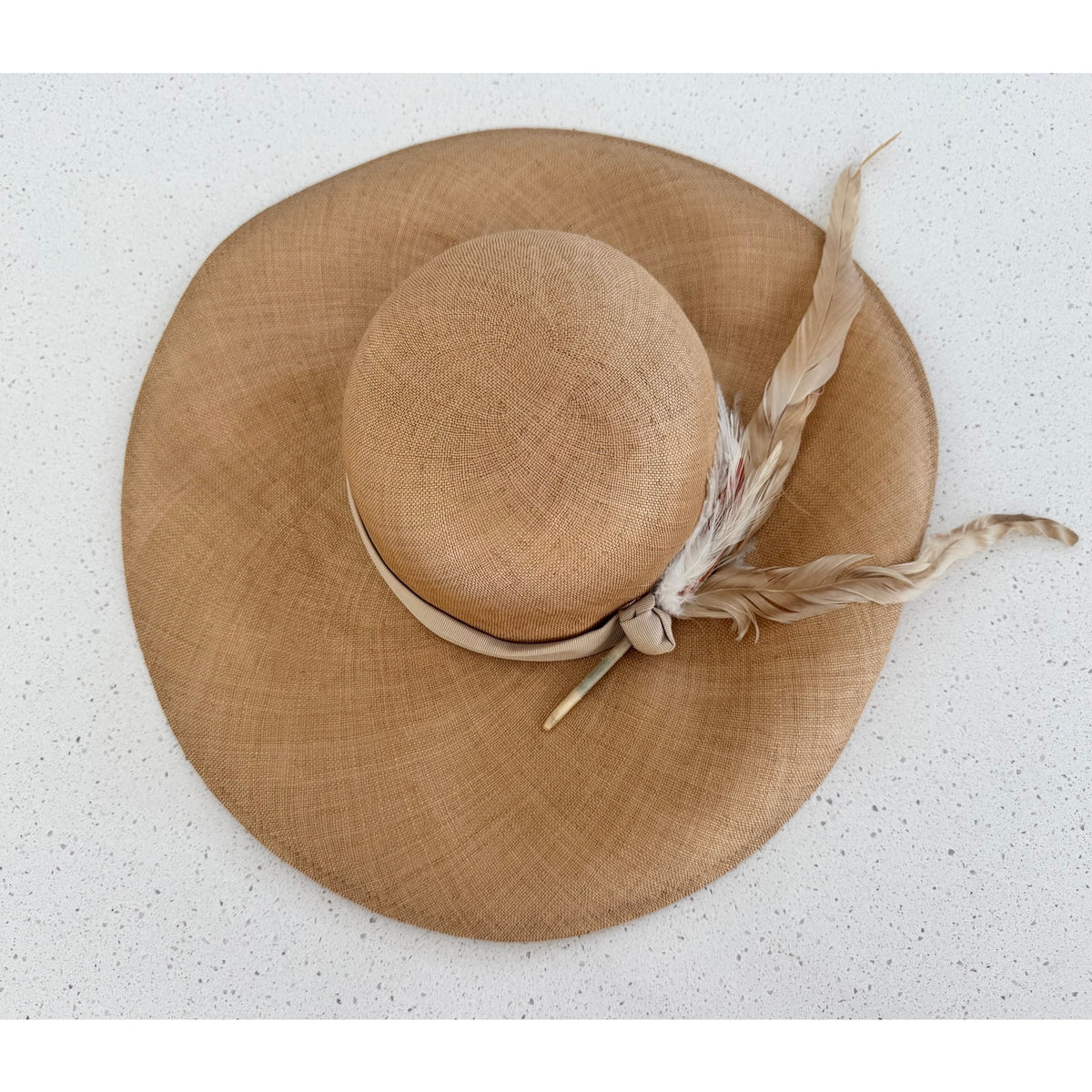 NOS Vintage Mr. John Classic New York Paris Wide Brim Straw Hat Feather Accent