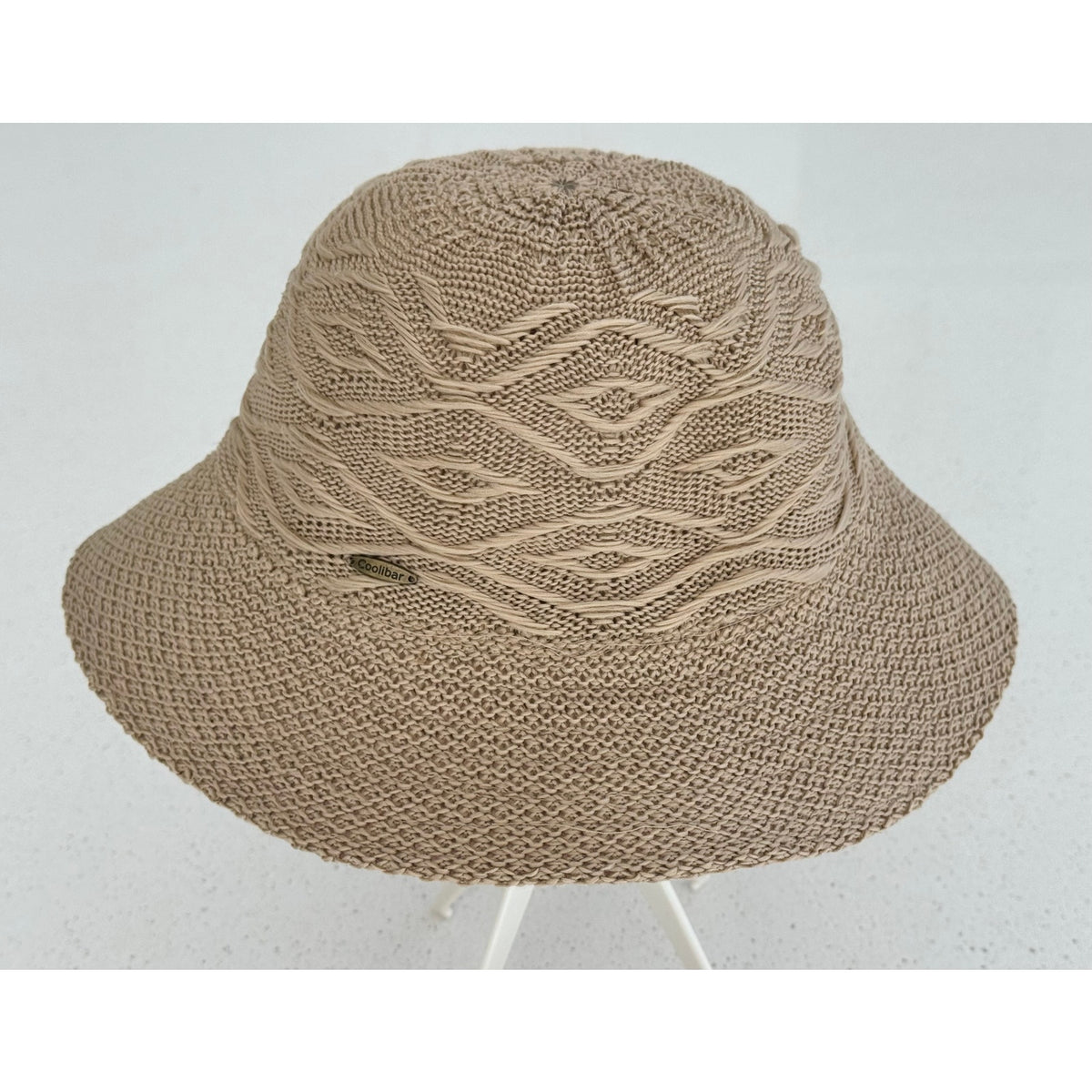 Coolibar Tan Knit Summer Sun Hat UPF 50+ Wide Brim Packable Boho Travel Hat