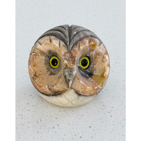 Vintage Alabaster Owl Paperweight  Yellow Eyes