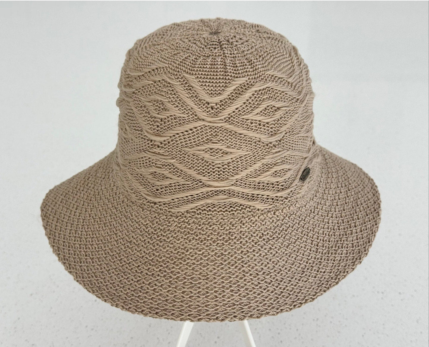 Coolibar Tan Knit Summer Sun Hat UPF 50+ Wide Brim Packable Boho Travel Hat