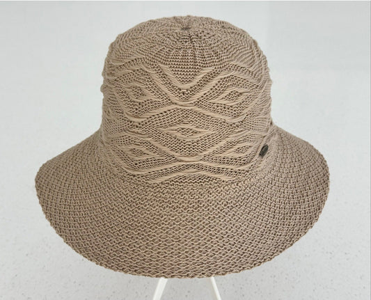 Coolibar Tan Knit Summer Sun Hat UPF 50+ Wide Brim Packable Boho Travel Hat
