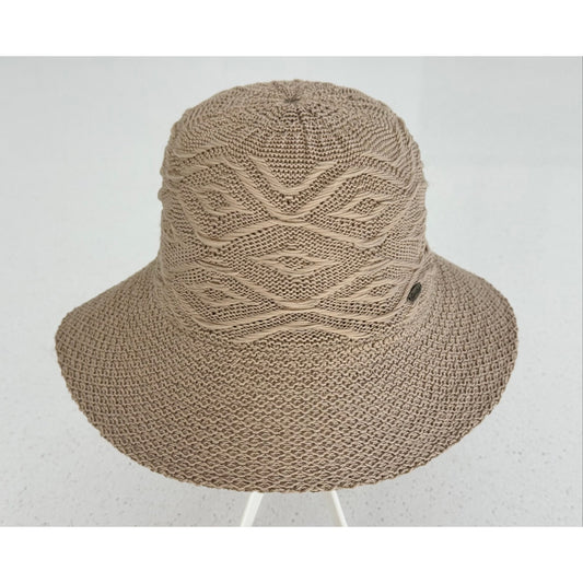 Coolibar Tan Knit Summer Sun Hat UPF 50+ Wide Brim Packable Boho Travel Hat
