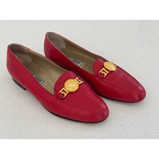 Vintage 90s Gianni Versace Red Leather Medusa Loafers Size 41/10.5W Italy