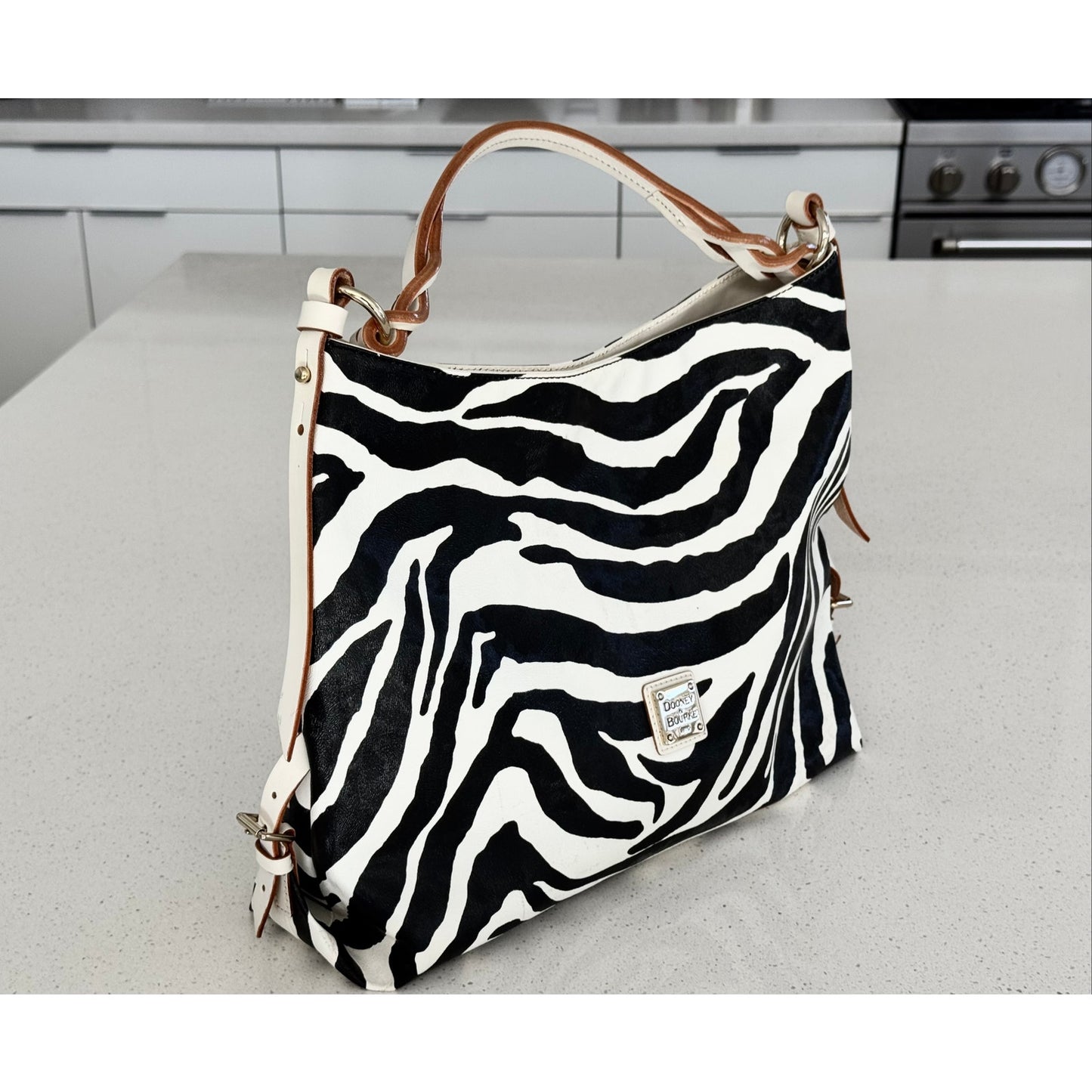 Dooney & Bourke Zebra Print Hobo Bag Braided Handle Leather Trim Headstock NOS