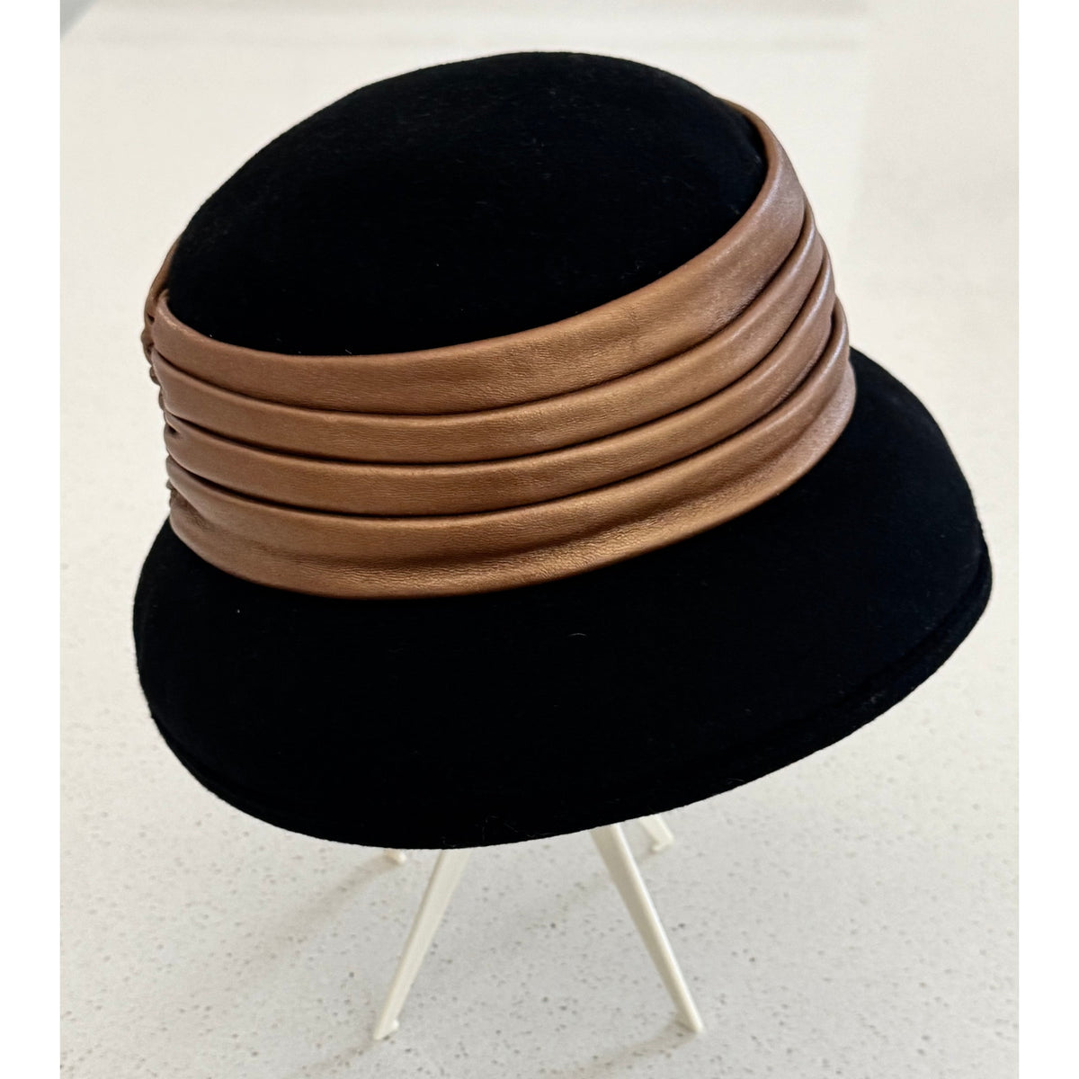 Whittall & Shon Black Wool Felt Cloche w/ Pleated Leather Caramel Color Band