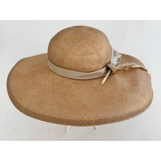 NOS Vintage Mr. John Classic New York Paris Wide Brim Straw Hat Feather Accent