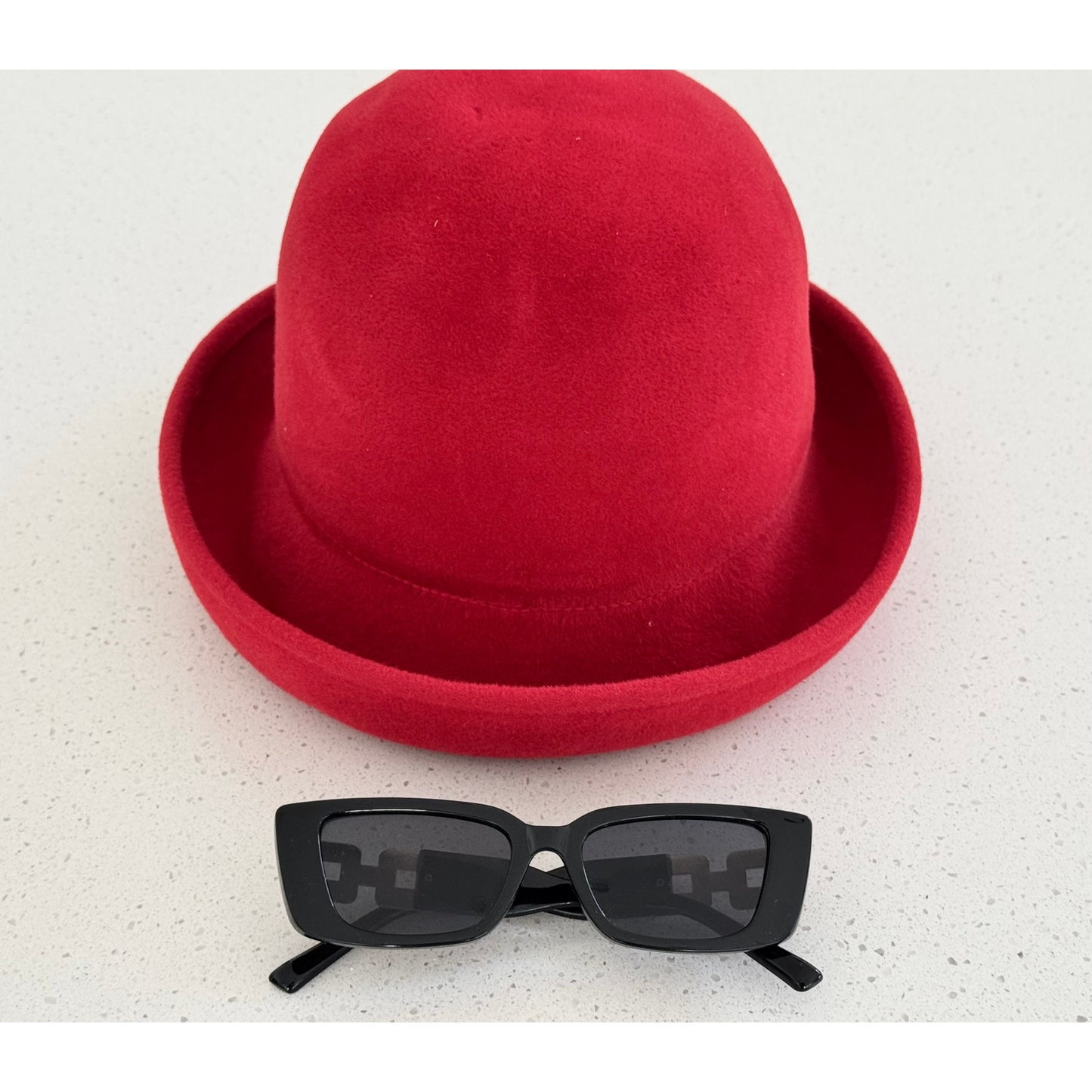 Eric Javits NOS Red Felt Cloche Hat | 1999 | Includes Sunglasses Pictured
