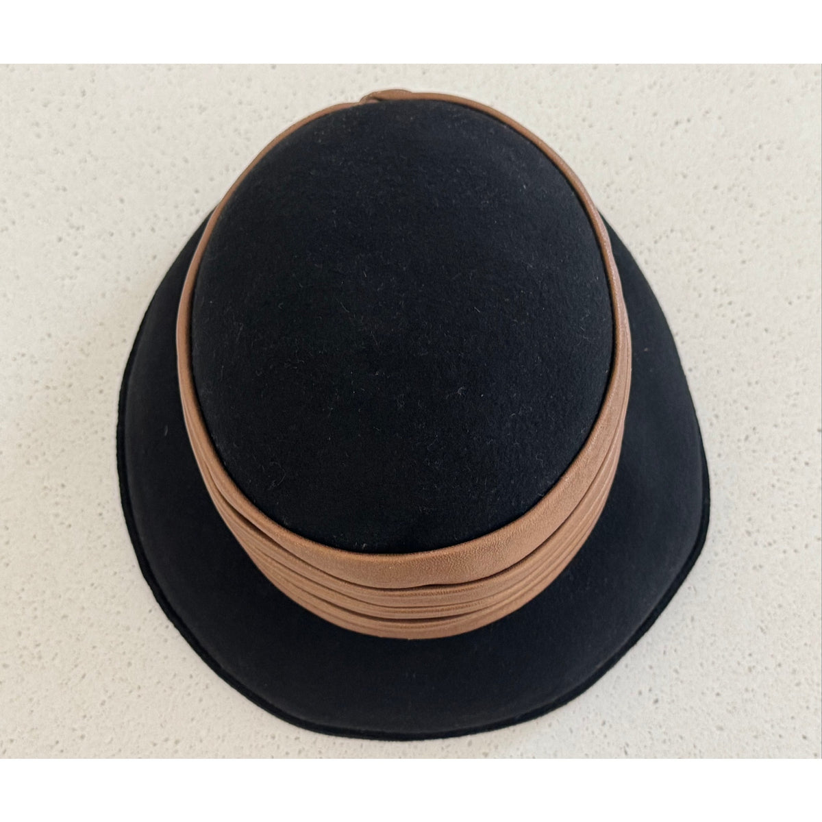 Whittall & Shon Black Wool Felt Cloche w/ Pleated Leather Caramel Color Band