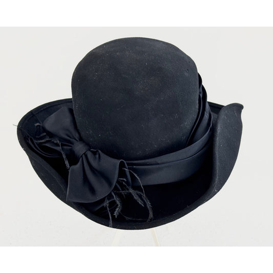 Betmar Black Wool Felt Cloche Hat Bow & Feather Accents | Original Tag | Includes Sunglasses